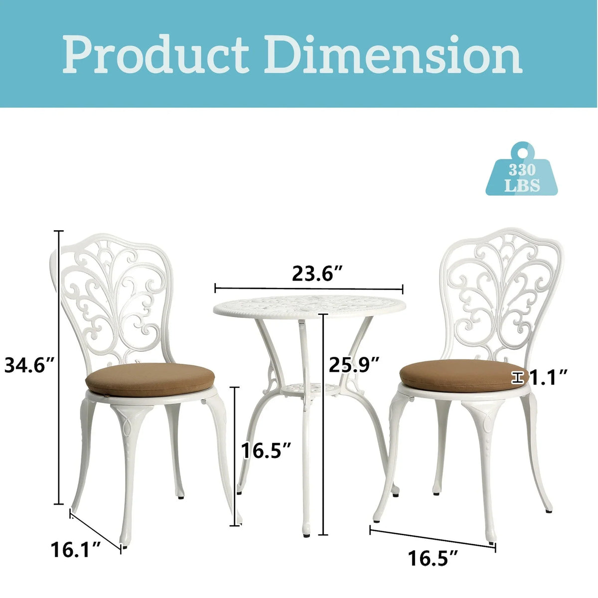 Ensemble de 3 pièces pour terrasse extérieure en aluminium avec table papillon, chaises et trou pour parasol