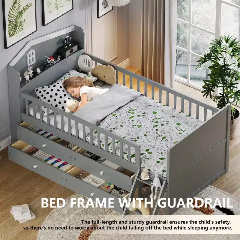 Whisen Twin Wooden Bed Frame, Platform Bed Frame with Storage 4 Drawers, Guardrail Headboard and Ladder