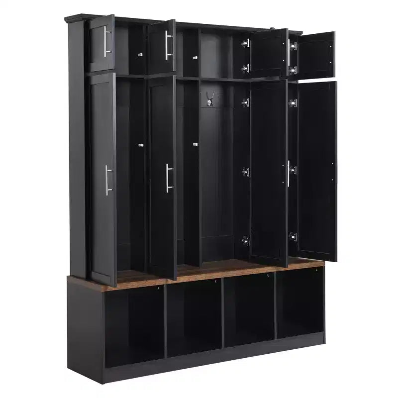 Entryway Hall Tree with Bench, 8 Cabinets, 4 Shoe Compartments & 4 Hooks, Black Mudroom Organizer