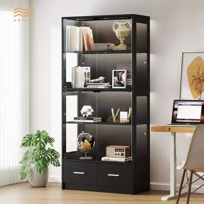 Skyzoo 5-Tier Glass Display Cabinet with LED Lights & Adjustable Shelves & 2 Drawers, Curio Cabinet for Home & Office