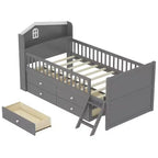 Whisen Twin Wooden Bed Frame, Platform Bed Frame with Storage 4 Drawers, Guardrail Headboard and Ladder