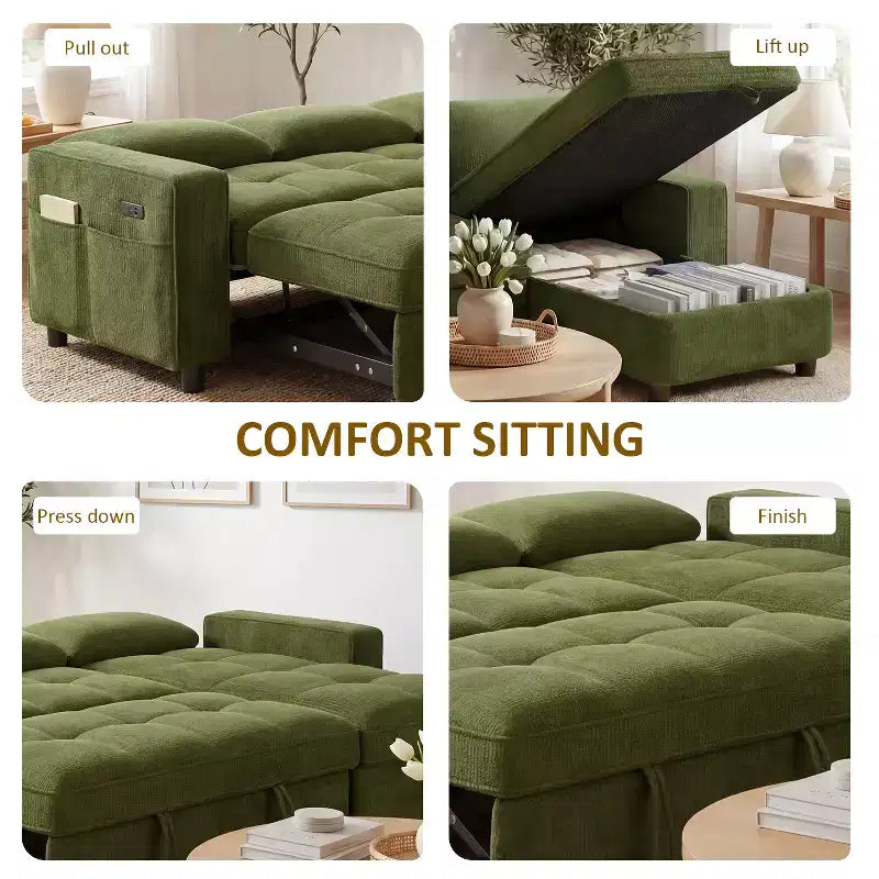 Canapé-lit convertible, canapé-lit en forme de L de 81 po avec méridienne de rangement réversible/port USB/poche latérale/assemblage sans outils, velours côtelé beige