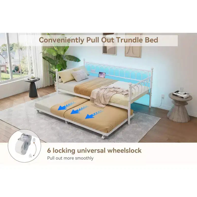 Twin Daybed with Trundle,with Charging Station & LED Lights,Metal Sofa Bed Frame with Pull Out Trundle for Living Room,Bedroom,Guest Room,Apartment