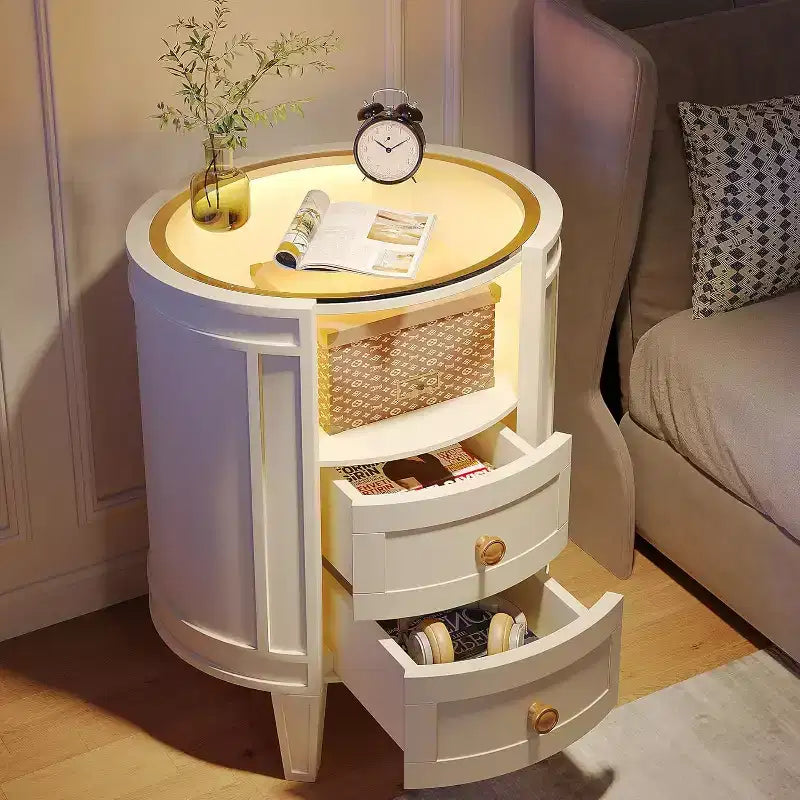 Lantine Lot de 2 tables de chevet modernes ivoire et blanc avec plateau en verre LED, 2 tiroirs, aucun assemblage requis, tables de chevet ovales pour chambre à coucher