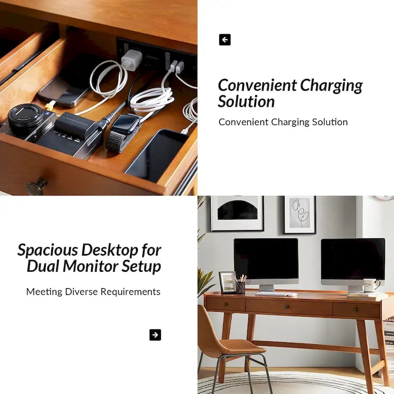 Mid-century Office Desk with Drawer Divider&Cable Management&Charging Station