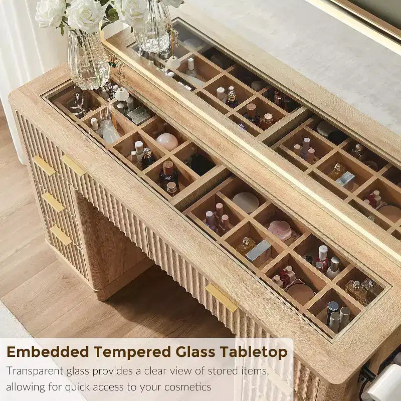 48 Fluted Makeup Vanity Desk with Mirror and Lights, Modern Vanity Table with 8 Drawers & Charging Station, Vanity Desk with Glass Top