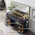 48 Fluted Makeup Vanity Desk with Mirror and Lights, Modern Vanity Table with 8 Drawers & Charging Station, Vanity Desk with Glass Top