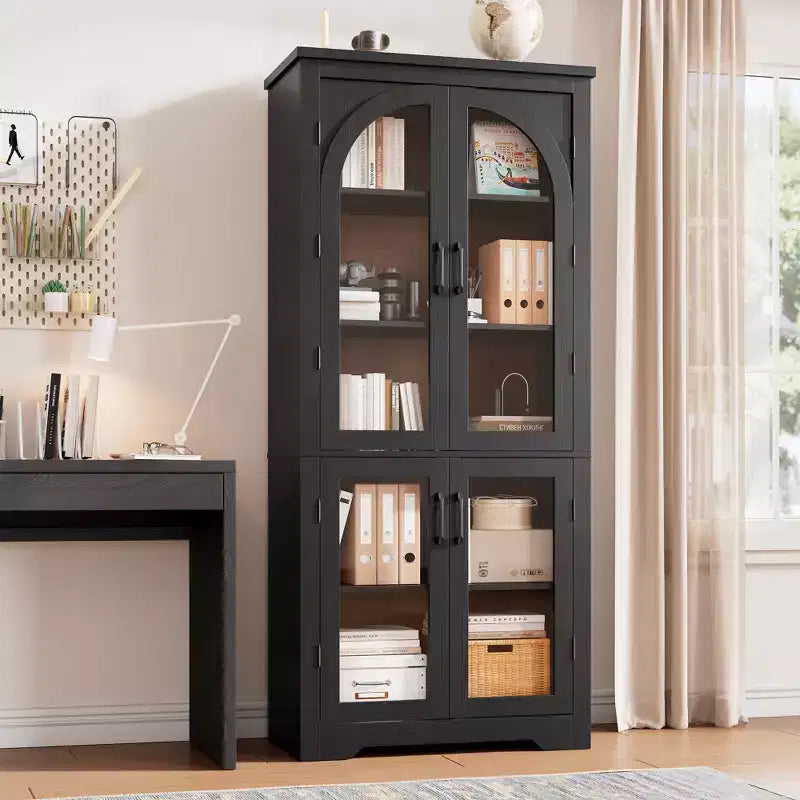 70 Tall Kitchen Pantry Cabinet, Modern Display Cabinet with 4 Arched Glass Doors and Adjustable Shelves, for Kitchen, Living Room, Dining, Bathroom