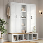 Black / White / Blue Farmhouse Hall Tree with Shoe Cabinet, Bench, Hooks and Open Shelves for 1窶・ Person
