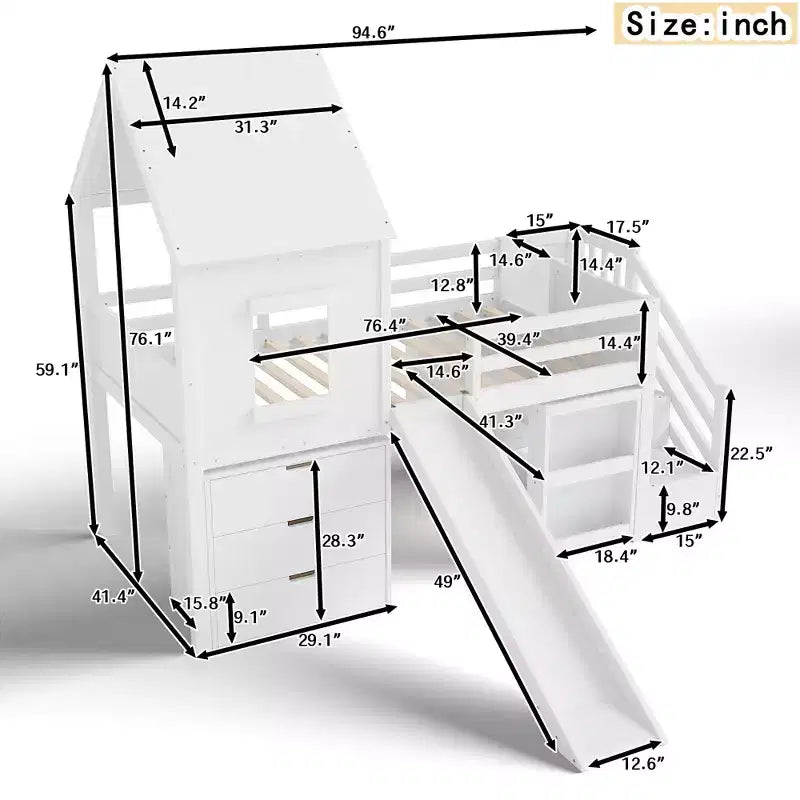 Letto a soppalco singolo con 3 cassetti e scala contenitore, struttura a casetta in legno con scivolo e scrivania rimovibile