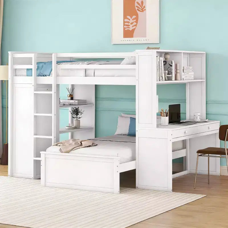 Luxystar Full over Twin L Shaped Bunk Bed with Desk, Bookcase and Wardrobe