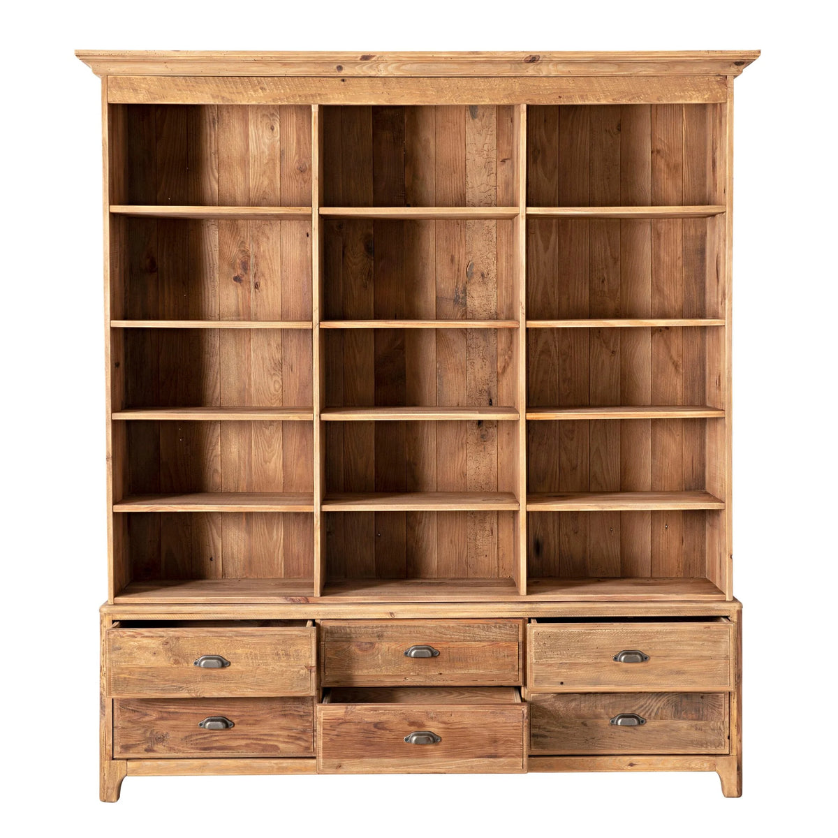 Kalise Reclaimed Timber 6 Drawer Library Shelving Unit Vintage Brown