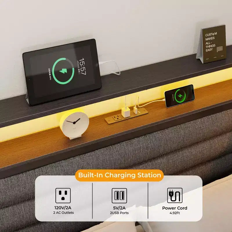Black Full Bed Frame with LED Lights Charging Station Storage Bookcase 3 Drawers Upholstered Headboard Corner Daybed No Box Spring Support