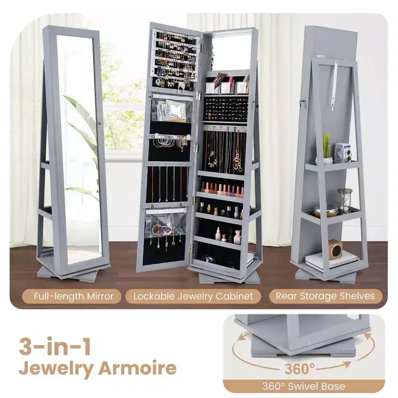 Costway Armoire à bijoux rotative à 360° 2-en-1 Organiseur miroir verrouillable Blanc/Noir/Marron foncé/Gris/Bleu/Rose/Violet/Gris foncé