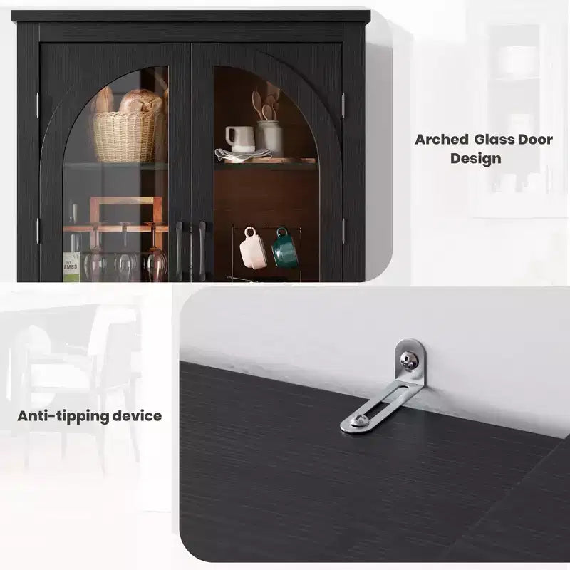 70 Tall Kitchen Pantry Cabinet, Modern Display Cabinet with 4 Arched Glass Doors and Adjustable Shelves, for Kitchen, Living Room, Dining, Bathroom