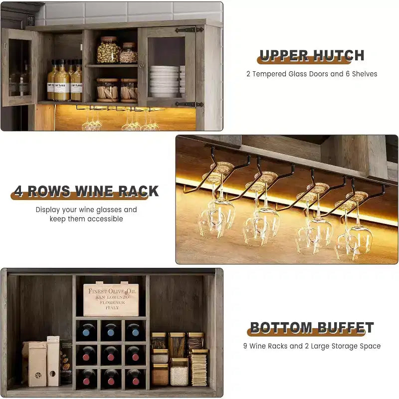 72 Inch Farmhouse Coffee Bar Cabinet with Wine Glass Rack, Large Kitchen Hutch with 3 Drawers and Sliding Barn Door, Tall Storage Cabinet for Home Bar