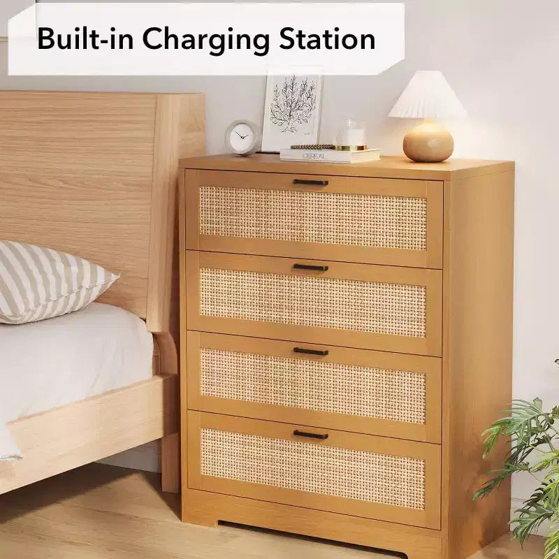 Zstar Modern Tall Rattan 4 Drawer Dresser or Living Room, Hallway, Entryway, Bedroom