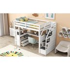 Twin Size Loft Bed with Desk and Shelves, Two Built-in Drawers, Storage Staircase