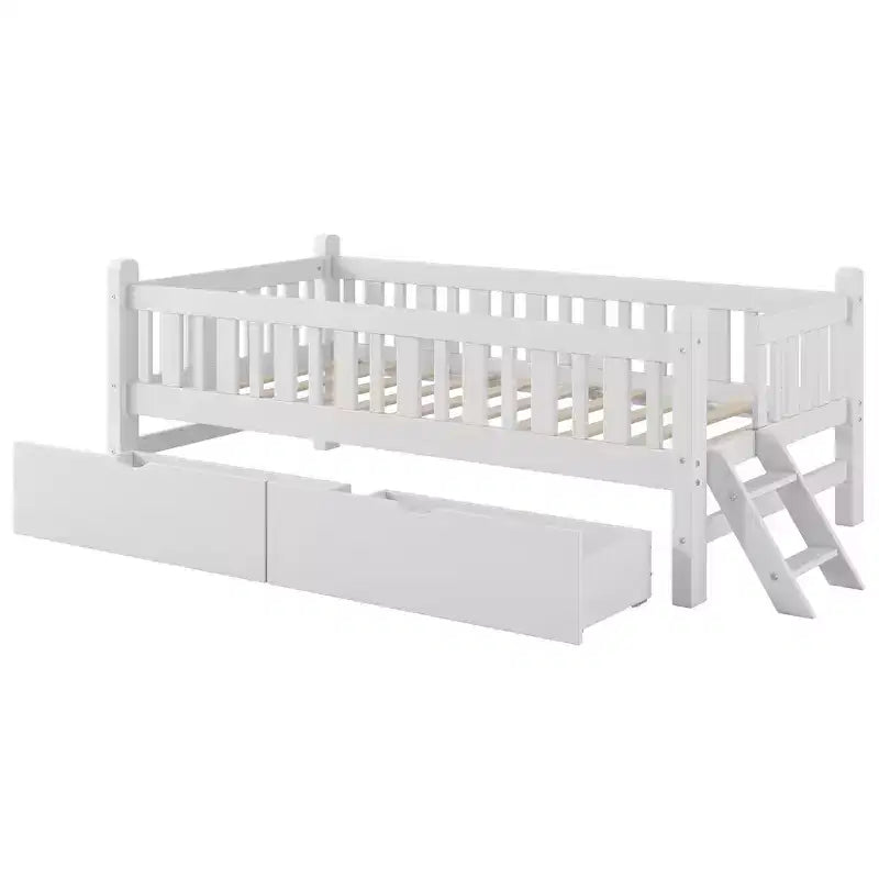 Whisen Twin Size Wood Platform Bed with Guardrail and 2 Drawers