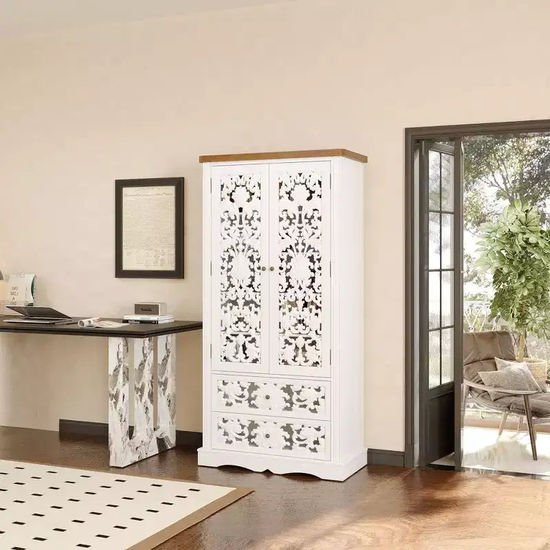 Famapy White Bookcase with Classic Aesthetics:Ornate Hollow Relief Doors & Versatile Storage