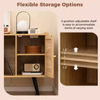 Costway Record Player Stand w/ Charging Station & Rattan Cabinet Adjustable Shelf