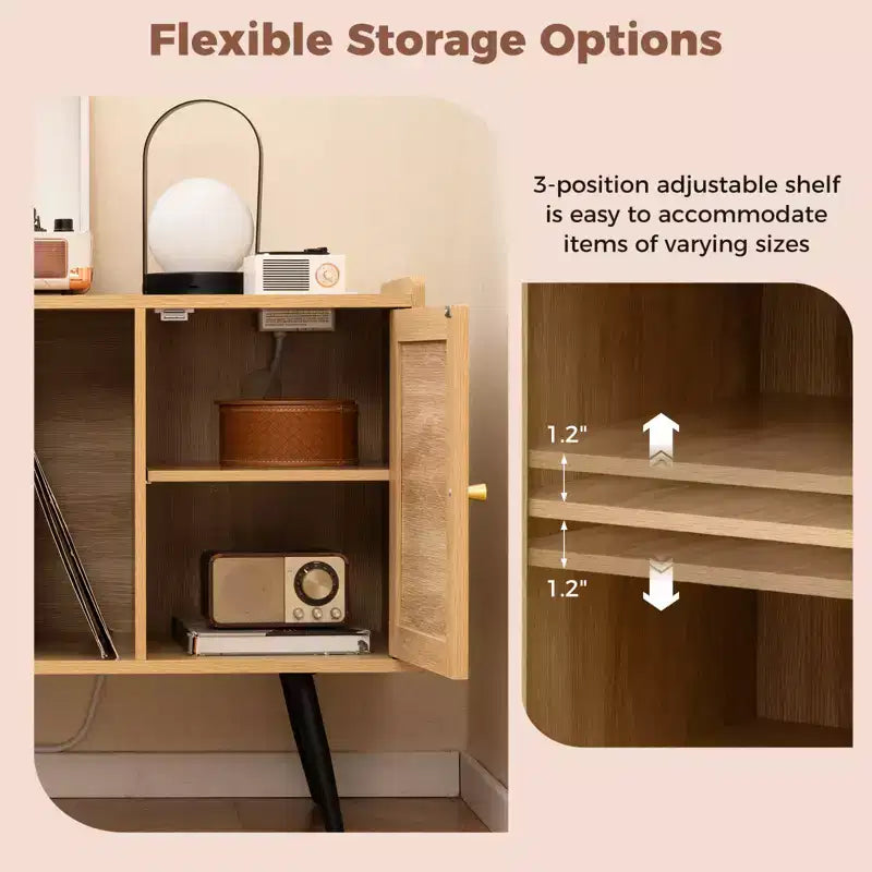 Costway Record Player Stand w/ Charging Station & Rattan Cabinet Adjustable Shelf