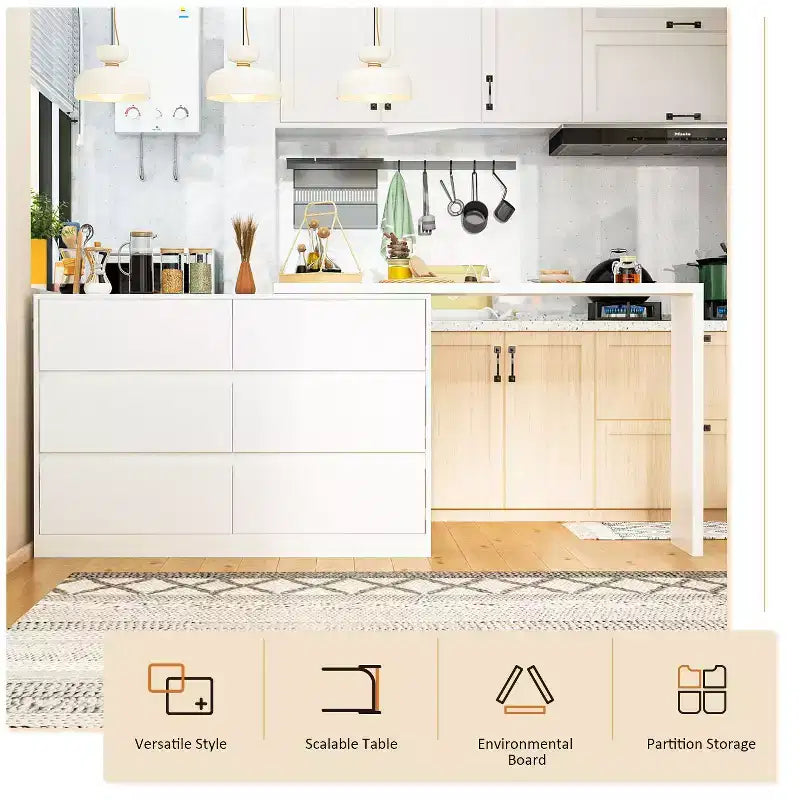 Smart Rotatable/Extendable Buffet Sideboard with 6 Drawers, Extended Countertop, Non-slip Mat, Rotating Dining Table, Kitchen Island Pantry