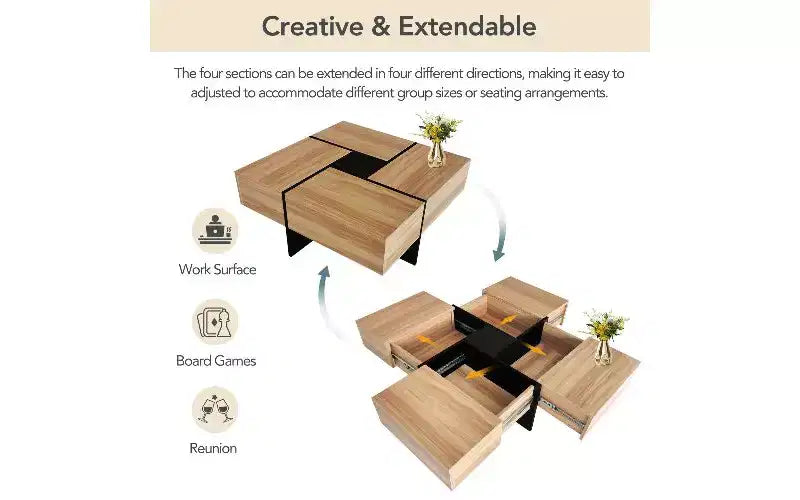 Extendable Puzzle-Top Coffee Table with 4 Hidden Storage Compartments