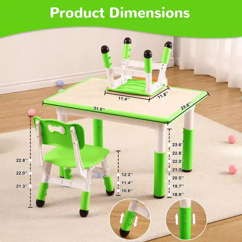 Children's table and 4 chairs, height-adjustable, doodle tabletop, multifunctional children's table and chair set for reading, drawing, dining