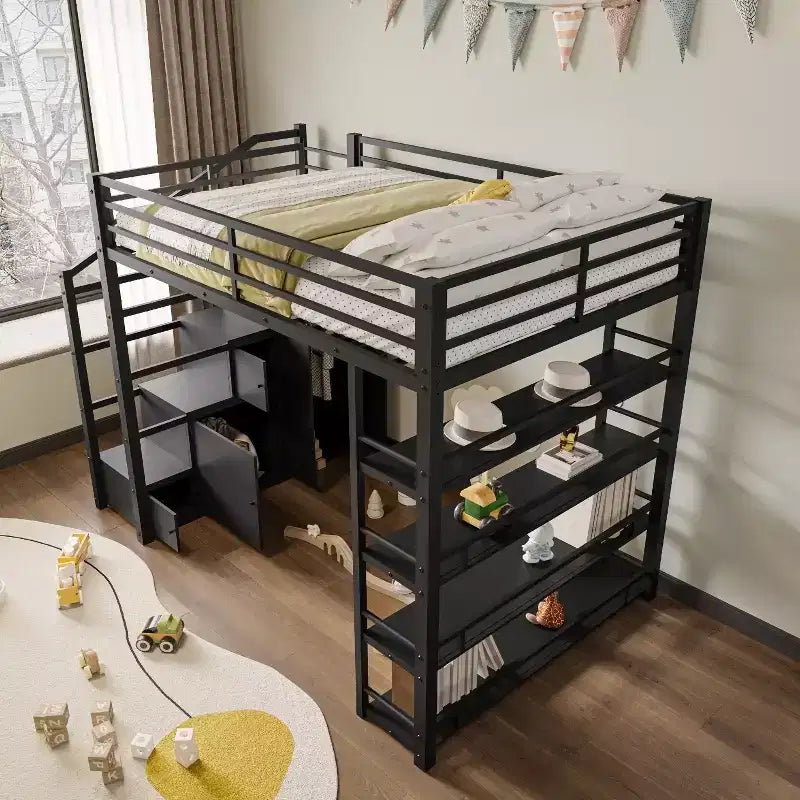 Queen Size Metal Loft Bed with Storage Shelves, Cabinets and Wardrobe