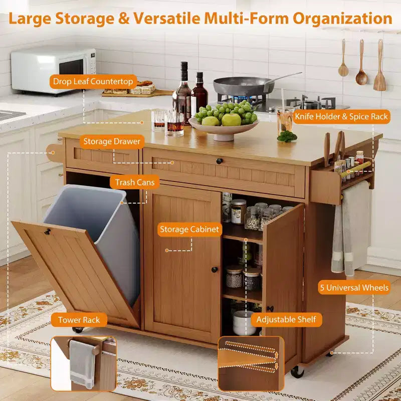 55 Mobile Island Table with Power Outlet & Drop Leaf, Kitchen Rolling Island Kitchen Island Cart with Trash Storage Cabinet for Kitchen
