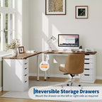 47 Inch Computer Desk with 5 Storage Drawers, Reversible Modern Rustic Study Writing Table, Home Office Workstation for Small Spaces