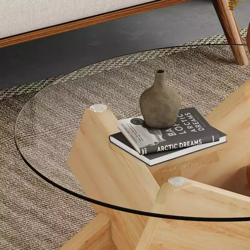 Okak Modern Circular Glass Coffee Table, Small Distinctive Design Tea Table Wood Legs for Living Room Reception Office Farmhouses