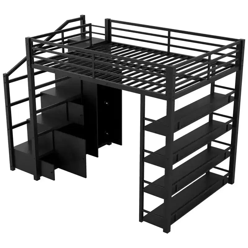 Queen Size Metal Loft Bed with Storage Shelves, Cabinets and Wardrobe