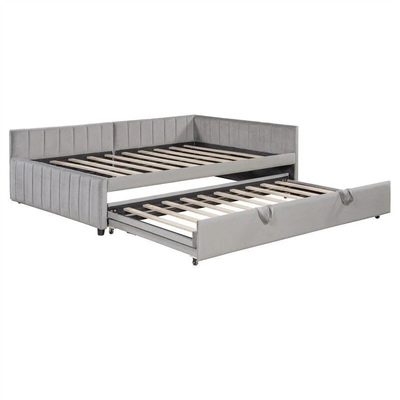 Upholstered Daybed with Twin Size Pop Up Trundle, Full Size Daybed Frame Sofa Bed with L-Shaped Backrest and Striped Design