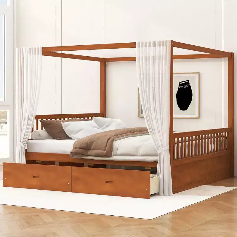 Cadre de lit à baldaquin en bois Whisen de taille Queen avec 2 tiroirs de rangement intégrés, construction robuste et durable