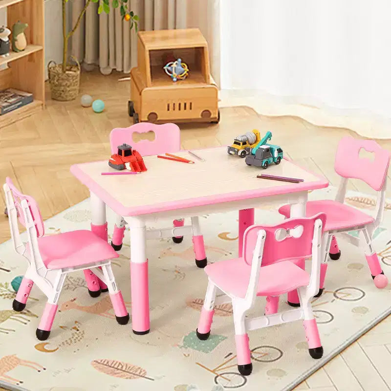 Children's table and 4 chairs, height-adjustable, doodle tabletop, multifunctional children's table and chair set for reading, drawing, dining
