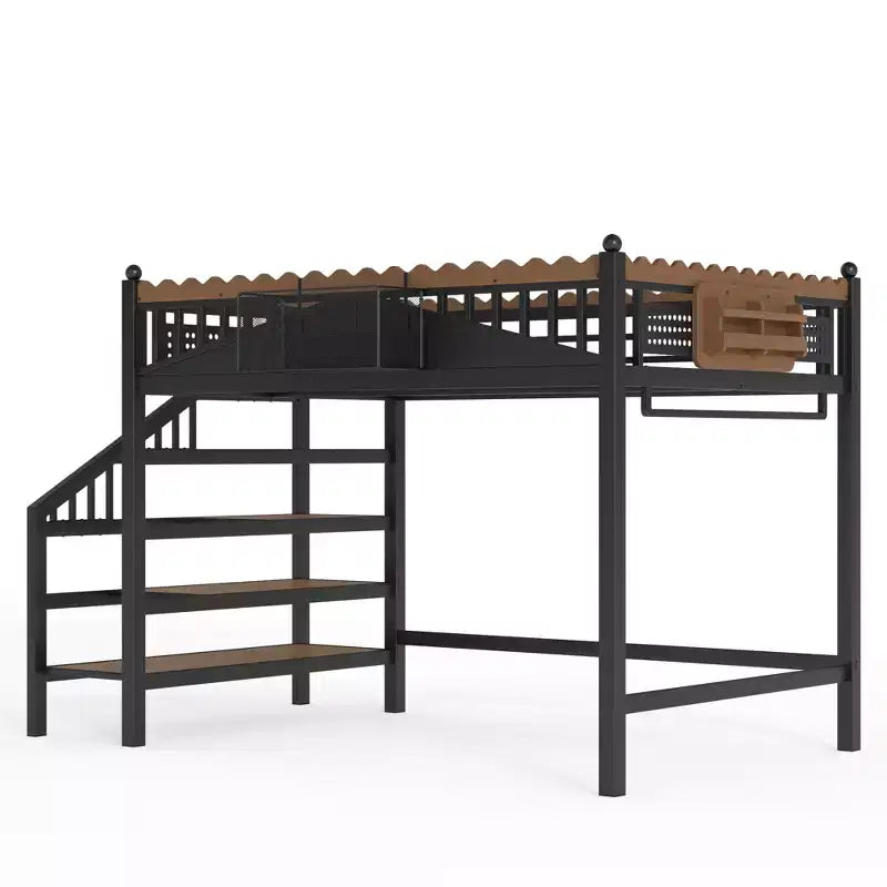 Lit mezzanine en métal ModernLuxe Twin XL/Full/Queen avec escaliers de rangement et étagères, cadre de lit mezzanine robuste, noir
