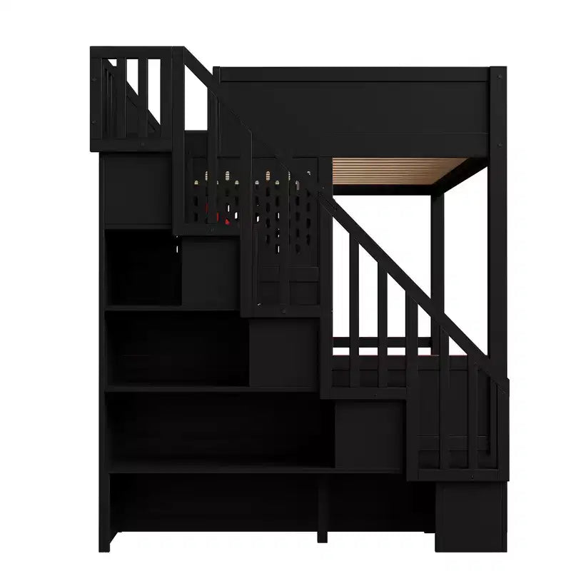 Full Gaming Loft Bed with Desk and LED Light, Wood Full Size Stairway High Loft Bed and Storage Staircase and USB, Red+Black