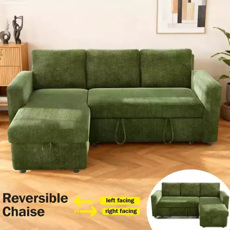 2-in-1 Pull Out Sleeper Sofa with Storage Chaise, Chenille Sectional Couch with USB Ports for Living Room