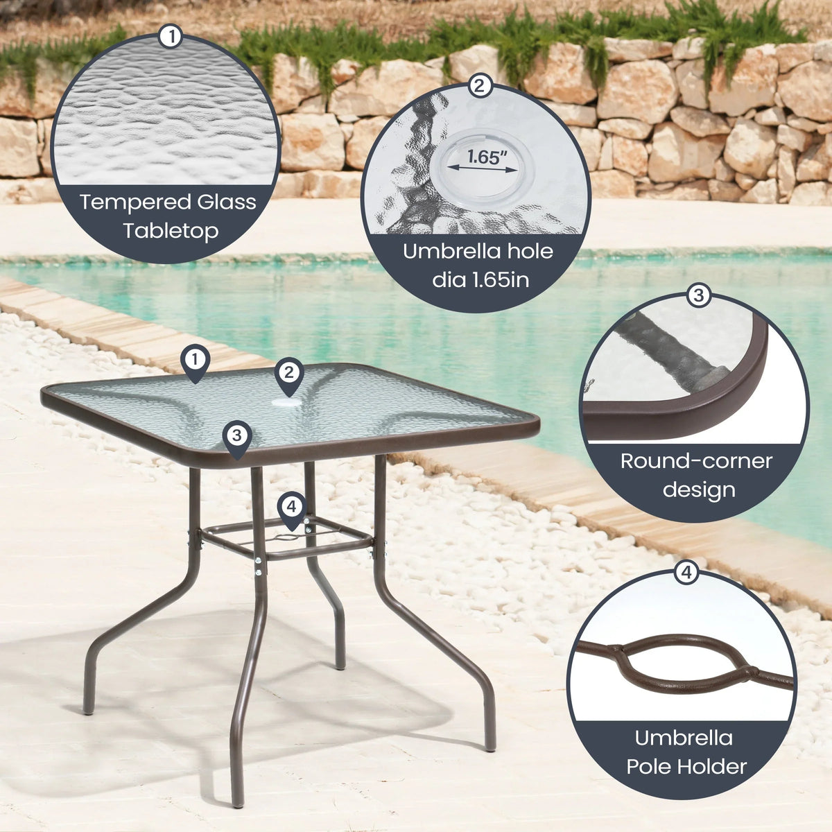 Pellebant 6 Piece Patio Set with Table, Umbrella and 4 Folding Chairs - 22.4Wx26.8Dx34.4H