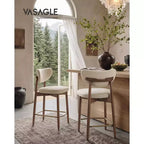 VASAGLE Wooden Bar Stools Set of 2, Upholstered Counter Height Barstools with Solid Wood Legs, Ergonomic Backrest, Linen-Look Fabric, Cappuccino
