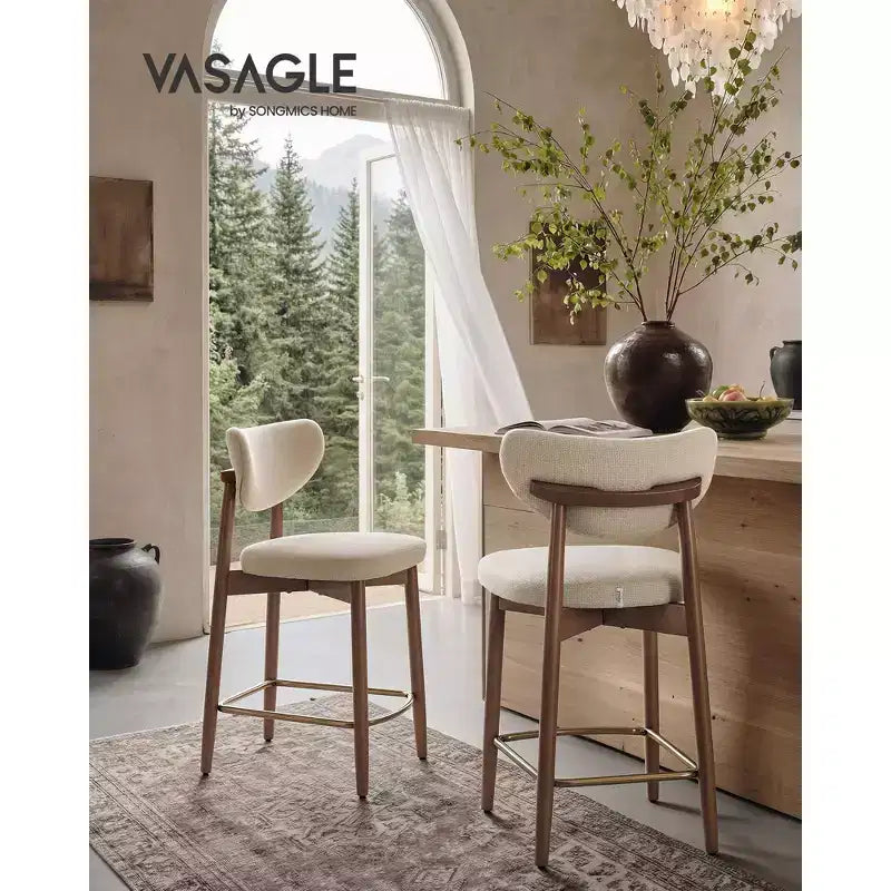 VASAGLE Wooden Bar Stools Set of 2, Upholstered Counter Height Barstools with Solid Wood Legs, Ergonomic Backrest, Linen-Look Fabric, Cappuccino