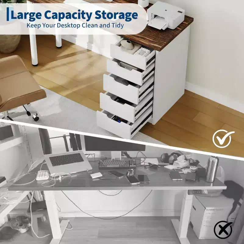 47 Inch Computer Desk with 5 Storage Drawers, Reversible Modern Rustic Study Writing Table, Home Office Workstation for Small Spaces