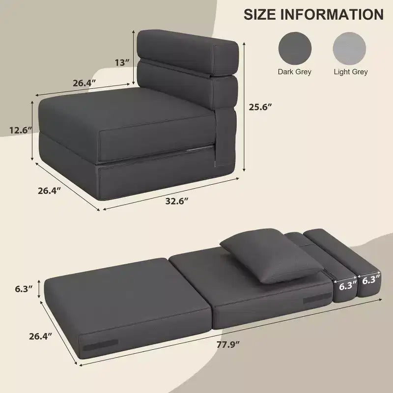 Folding Sofa Bed Chair with Pillow  Convertible Futon with Memory Foam & Removable Linen Cover for Lounge or Guest Room