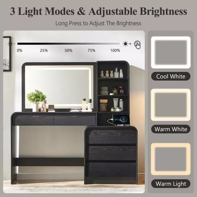 Vanity Desk with 35.4 LED Mirror and Lights, Modern Makeup Vanity Table with Charging Station & Adjustable Shelves