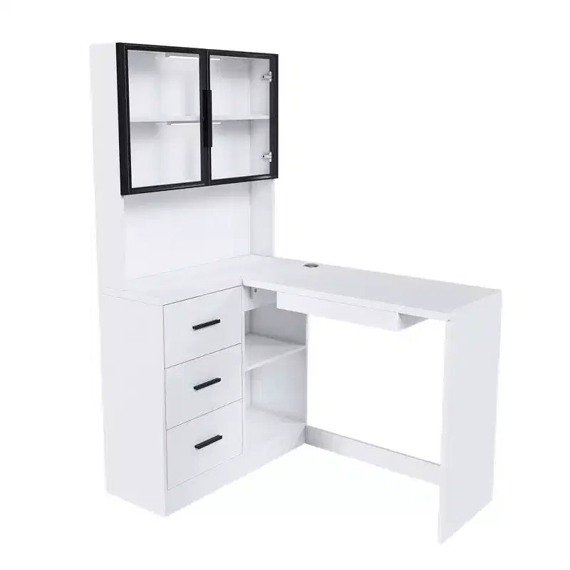 Bureau d'ordinateur JVNOXK avec armoire vitrée et éclairage LED intégré, bureau d'angle en L, avec ports de charge USB et plateau de clavier, blanc