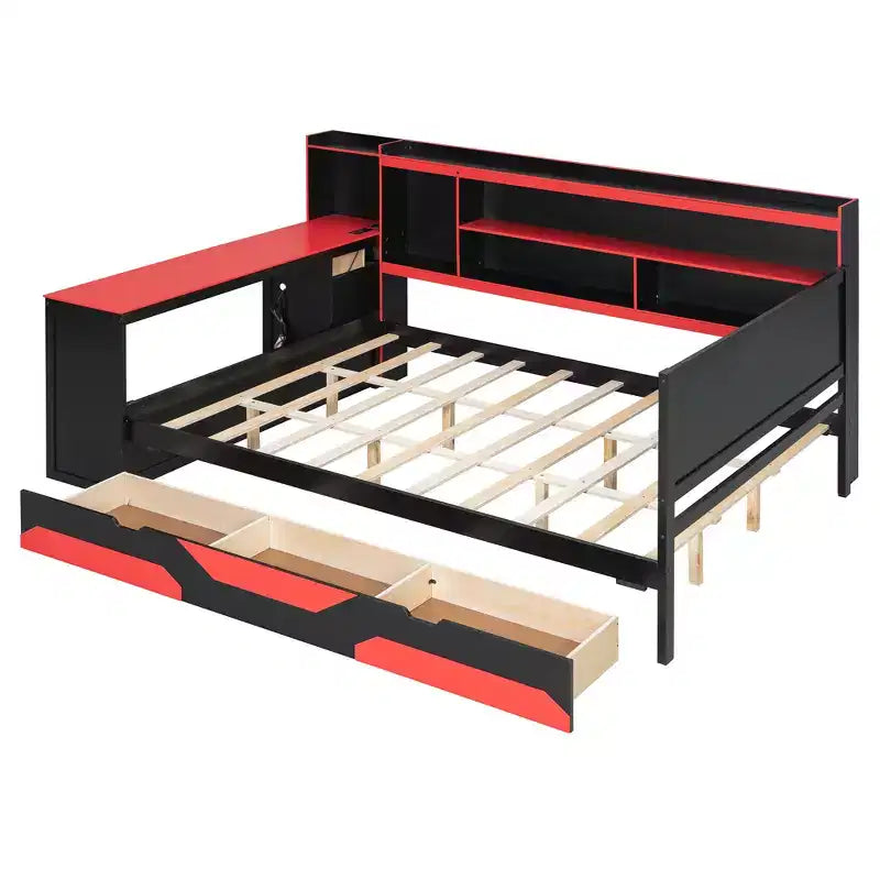 Full/Queen Gaming Daybed with Bookcase Headboard, LED Lights, Integrated Desk, Drawers and Charging Station