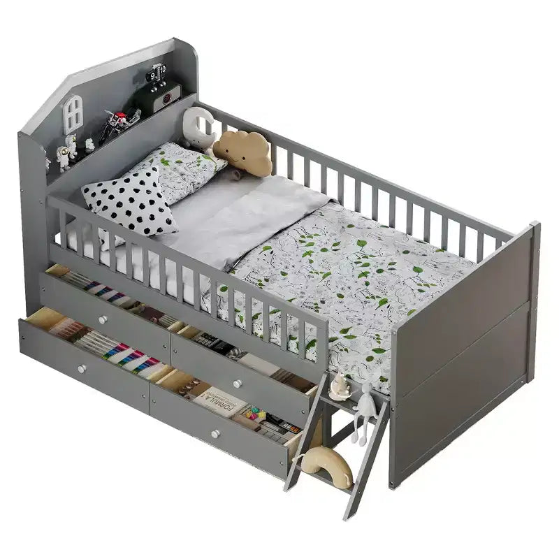 Whisen Twin Wooden Bed Frame, Platform Bed Frame with Storage 4 Drawers, Guardrail Headboard and Ladder