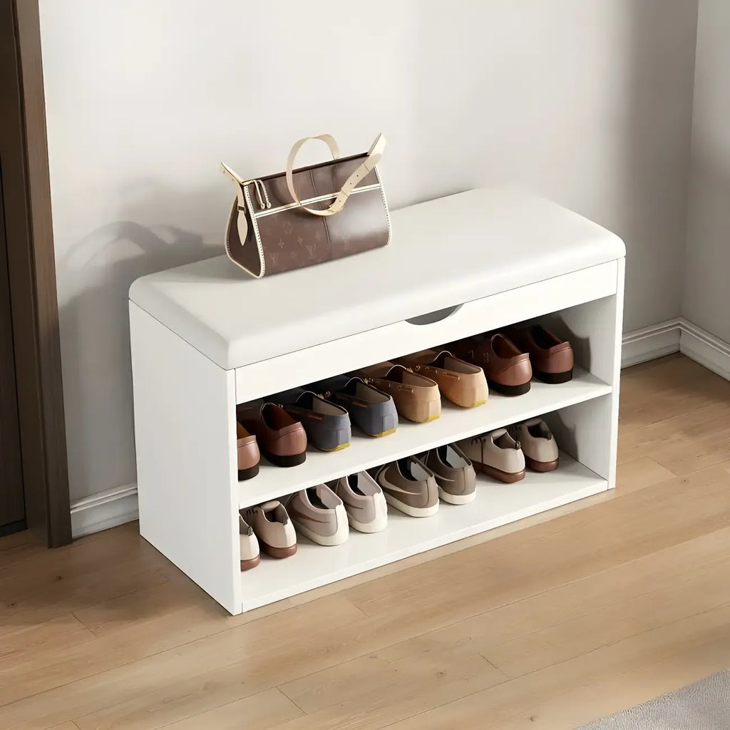 Banc de rangement à chaussures en bois massif avec coussin et étagère ouverte